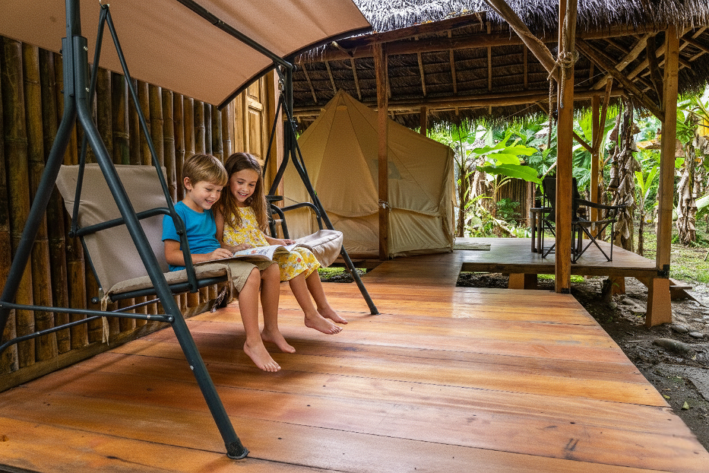 Children reading at the Arajuno Glamping