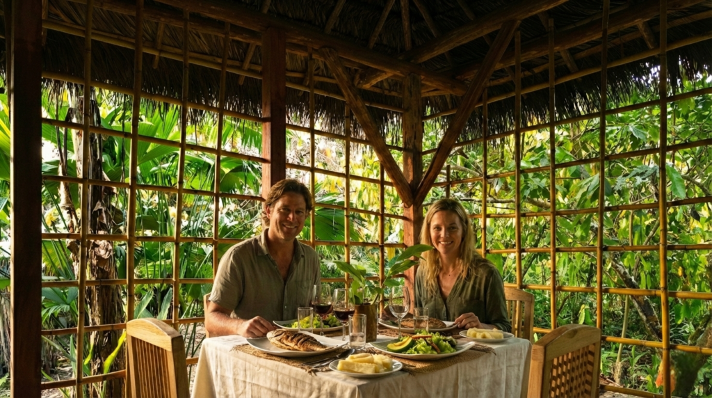 Couple having lunch at Arajuno Glamping